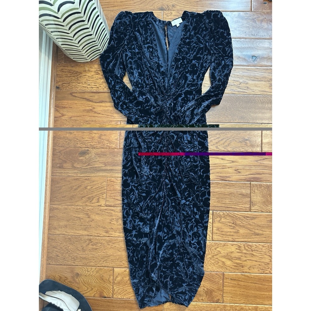 TORN BY RONNY KOBO Navy Velvet Burnout Ruched Midi Dress XS V-Neck Puff Sleeve